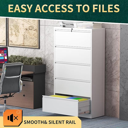 5 Drawer Lateral File Cabinet with Lock, Metal File Cabinets for Home Office, Steel Heavy-Duty Filing Storage Cabinet for Letters/Legal/A4 (Require Assembly, White)