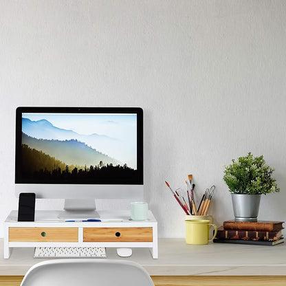 Relaxdays Bamboo PC Monitor Stand, Screen Riser with 2 Drawers & Compartments, Computer Workstation HWD 14 x 60 x 30 cm, White/Natural