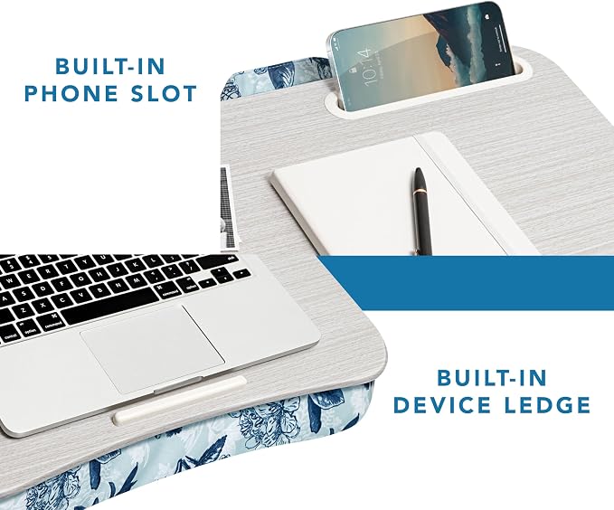 LAPGEAR Designer Lap Desk 2-Pack with Storage Basket, Phone Slot & Device Ledge – Blue Blossoms – Fits Laptops up to 15.6" – Style No. 70433