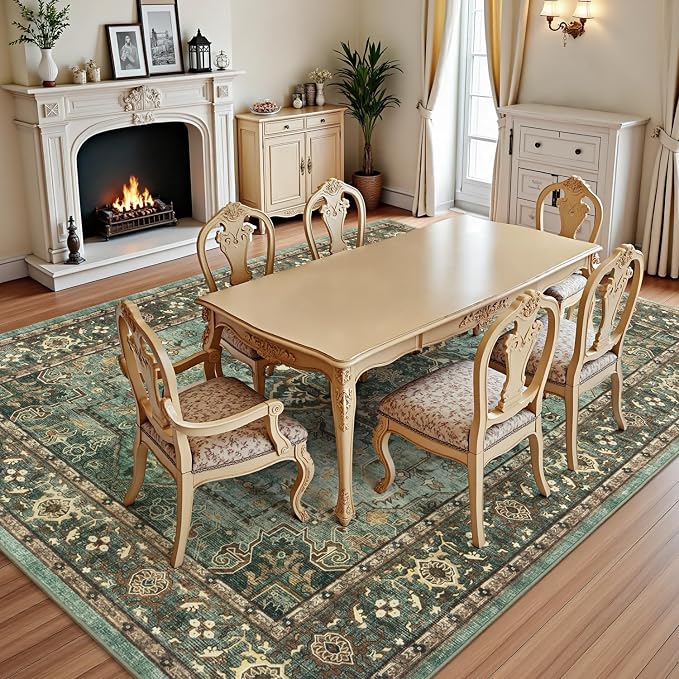 Lofus 6x9 Area Rugs for Living Room, Washable Area Rug, Rugs for Bedroom, Kitchen, Vintage Boho Carpet, Soft Non-Slip, Low Pile Large Area Rug for Office Dining Room, Green