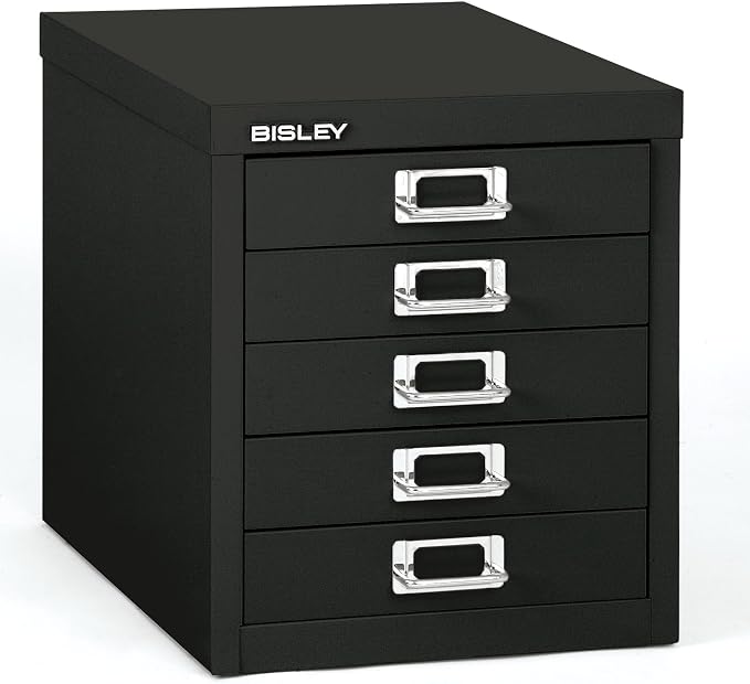 Bisley 5-Drawer Steel MultiDrawer Cabinet - Black | Chrome Pull Handles with Label Holders, Powder-Coated Steel, Removable Drawers, Desktop Storage, Labels Included