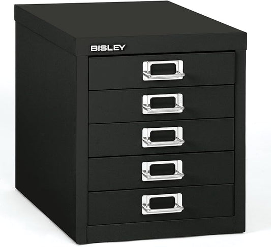 Bisley 5-Drawer Steel MultiDrawer Cabinet - Black | Chrome Pull Handles with Label Holders, Powder-Coated Steel, Removable Drawers, Desktop Storage, Labels Included