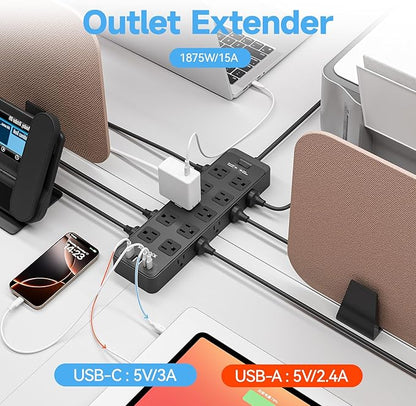 20AC Power Strip with USB Ports, Heavy Duty Surge Protector Power Strip 15 Amp, 6Ft Extension Cord with Multiple Outlets
