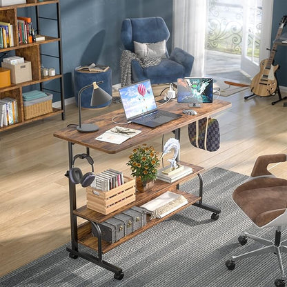 Armocity Rolling Standing Desk with Charging Station, Portable Height Adjustable Mobile Computer Desk with Wheels & 2-Tier Shelves & Hooks, Easy Assembly Laptop Table for Couch Bed, 39" Rustic Brown