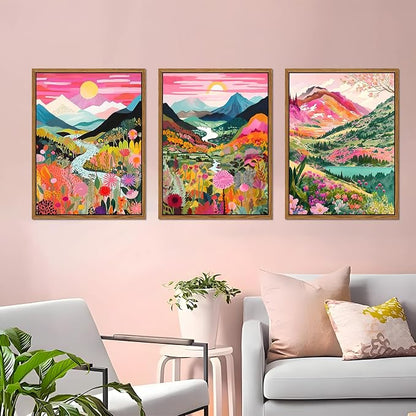 Floating Framed Boho Colorful Mountain Wall Art Set of 3, Abstract Watercolor Landscape Flower Wall Decor Paintings, Modern Nature Sunset Forest Posters Prints for Living Room, Bedroom 12x16 Inch