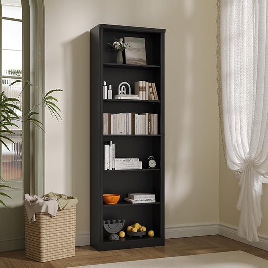 Thacuok Black Bookshelf, 75" Tall Bookcase, 6 Tier Adjustable Storage Shelves, Book Shelf with Anti-Tipping Device, Floor Standing Modern Display Rack for Living Room, Bedroom, Office