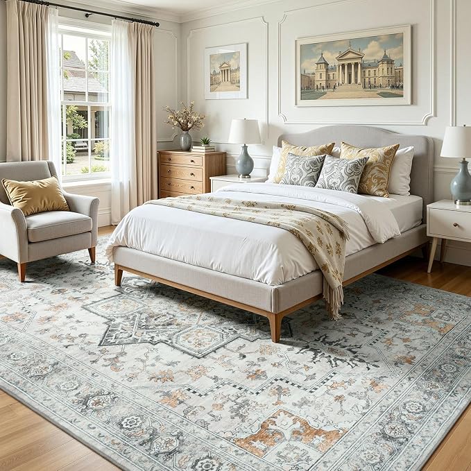 Lofus 8x10 Washable Rugs Non-Slip, Vintage Floral Area Rug for Living Room Bedroom Dining Room Kitchen, Low Pile Distress Print Carpet Home Decor Rug, Octagram Medallion Grey Beige