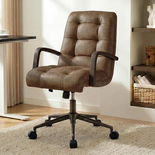 KISLOT Home Office Desk Chair, Ergonomic Office Chair with Square-Patterned Leather Upholstery, Adjustable Swivel Computer Chair with Wood Arms & Wheels, Soft-Rounded Front Edge, Brown
