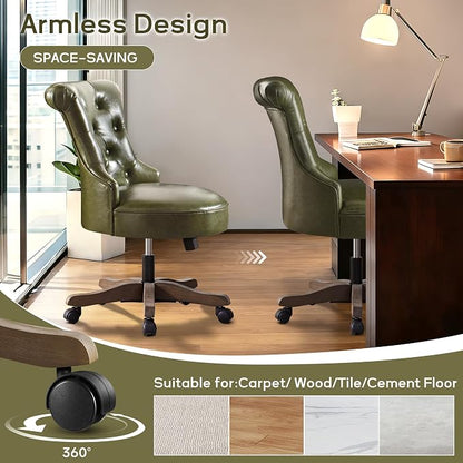 HUIMO Home Office Chair Upholstered Armless PU Leather Desk Chair with Wheels Adjustable Height Computer Desk Chair with Wooden Legs Comfortable Swivel Chair for Study Studio (Dark Green)