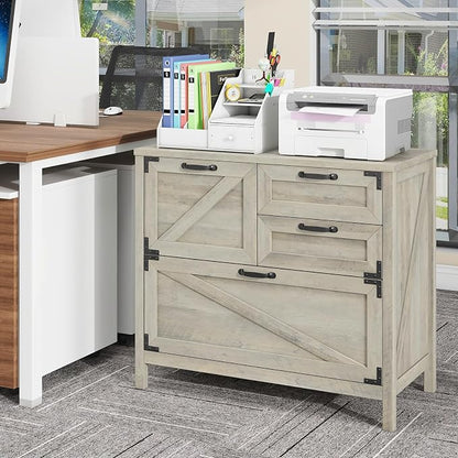 Halitaa Lateral File Cabinet with 4 Drawers, Farmhouse File Cabinet for Letter/Legal/A4 Size Hanging Files, Large Wood File Storage Cabinets Printer Stand for Home Office Cabinets, Rustic Grey