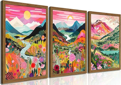 Boho Colorful Mountain Wall Art Set of 3, Abstract Watercolor Landscape Flower Wall Decor Paintings, Modern Nature Sunset Forest Posters Prints for Living Room, Bedroom 16x24 Inch Wood Framed