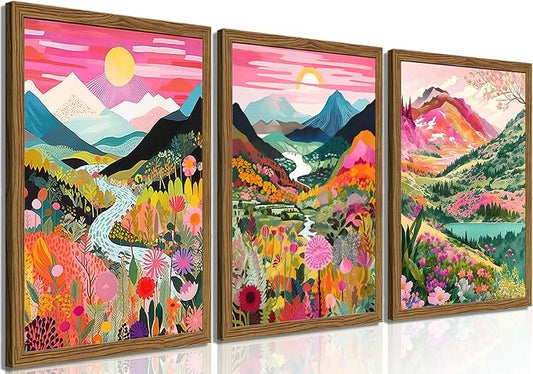 Boho Colorful Mountain Wall Art Set of 3, Abstract Watercolor Landscape Flower Wall Decor Paintings, Modern Nature Sunset Forest Posters Prints for Living Room, Bedroom 16x24 Inch Wood Framed