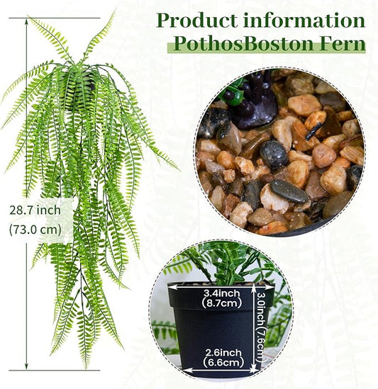LOYWREE 2Pack Small Fake Hanging Plant with Pot, Artificial Potted Fern Plant, 28.7-in Long Faux Hanging Ferns Vine Plant for Shelf Home Office Indoor Outdoor Garden Greenery Decor (Black Pot)