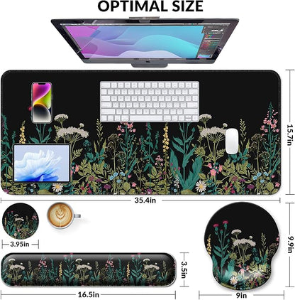 Desk Mat Set + Keyboard and Mouse Pad with Wrist Rest Support,4-in-1 Large Mousepad Computer Mats for Desktop Home & Office-Floral Flowers