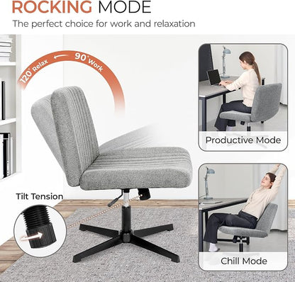 Orange Factory Criss Cross Chair No Wheel Wide Cross Legged Office Desk Vanity Chair Comfy Fabric Armless Adjustable Swivel for Home Computer Task (Grey No Wheel, Classic Fabric)