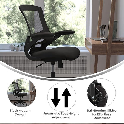 Flash Furniture Kelista Mid-Back Black Mesh Swivel Ergonomic Task Office Chair with Flip-Up Arms and Transparent Roller Wheels
