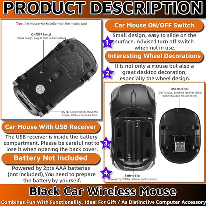 HuGuWdy Black Car Mouse，2.4G with USB Reciver 1600DPI Computer Mice Wireless for Computer Cute Wireless Mouse for Laptop Computer Tablet for Windows for Mac OS for Christmas（Black）