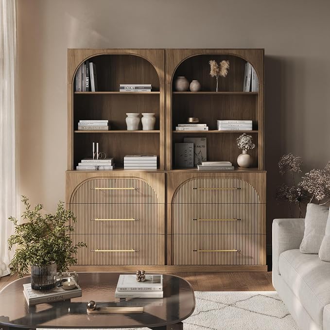 BELLEZE Set of 2 Tall Arched Storage Cabinet with Hutch and Drawers, Wood Highboard for Living Room and Home Office, Camel