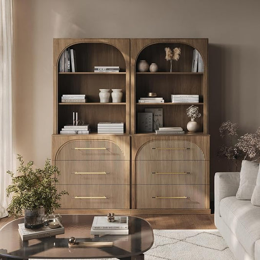 BELLEZE Set of 2 Tall Arched Storage Cabinet with Hutch and Drawers, Wood Highboard for Living Room and Home Office, Camel