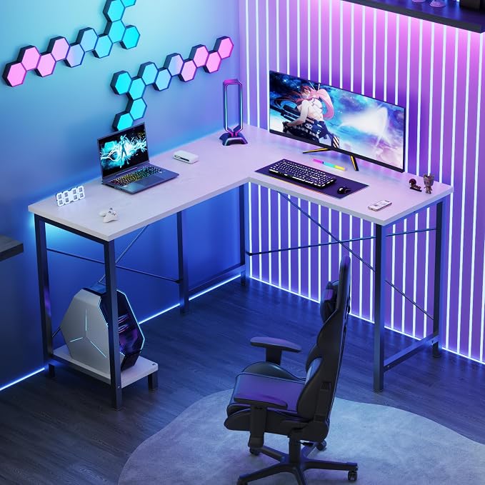 DUMOS L Shaped Desk, Computer Gaming Desks Corner Office Table with CPU Shelf for Home Study Writing Work Station 50 Inch, Sturdy Modern Design, Ideal for PC Setup, Study, and Home Office Use, White
