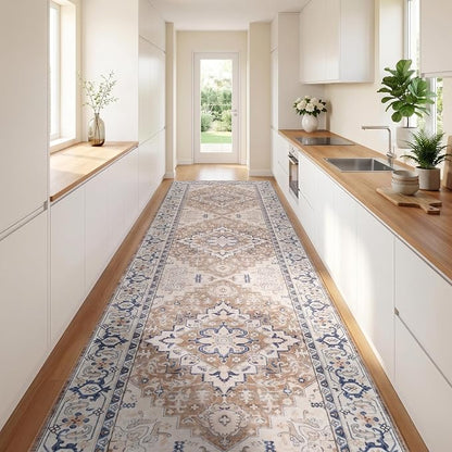 Lofus 2'6"x14' Runner Rug for Hallways, Washable Kitchen Rugs, Non-Slip Rugs for Entryway and Bedroom, Vintage Boho Carpet, Soft Low Pile Long Runner Area Rug, Floral Brown