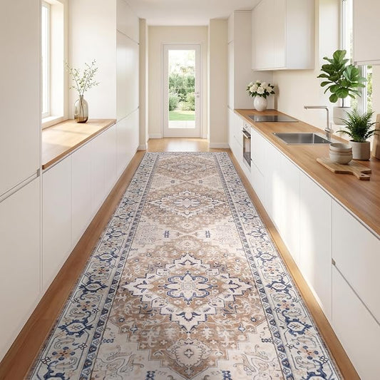 Lofus 2'6"x14' Runner Rug for Hallways, Washable Kitchen Rugs, Non-Slip Rugs for Entryway and Bedroom, Vintage Boho Carpet, Soft Low Pile Long Runner Area Rug, Floral Brown