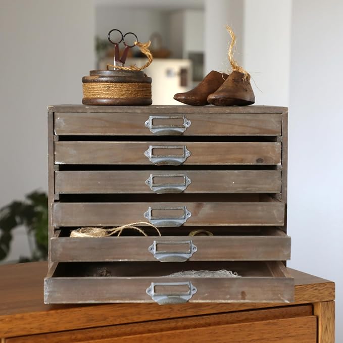 Vintage Wooden Desk Organizer Cabinet with 6 Drawers - Rustic Farmhouse Distressed Decor - Home Office Desktop Storage Box for Jewelry, Craft Paper, Small Tool & More (Log Color)