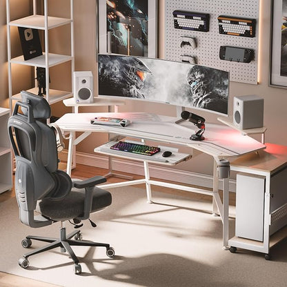 EUREKA ERGONOMIC Aero 72 Inch Gaming Desk with Keyboard Tray, Large Computer Desk Led Lights, Wing-Shaped Monitor Stand Dual Headphone Hanger Cup Holder for Studio,Streamer,Live,Maple