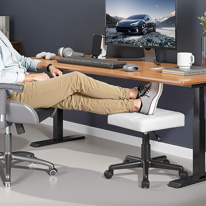 VECELO Under Desk Footrest, PU Ergonomic Foot Rest with Wheels, Comfort Padding, Height Adjustable for Relieving Leg Pain, Stiffness, and etc, White