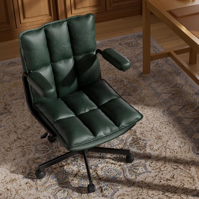Ollega Mid Century Modern Desk Chair, Vintage Leather Office Chair, Green | Petite Computer Chair for Small to Medium Women, Thickened Back, Cozy Seat, Adjustable Height for Home