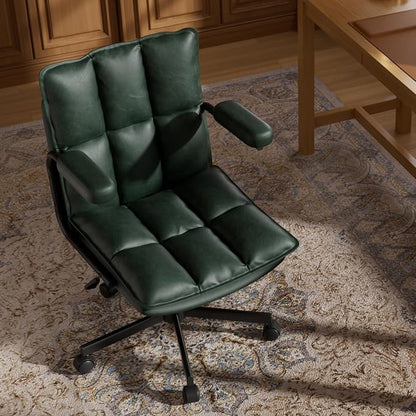 Ollega Mid Century Modern Desk Chair, Vintage Leather Office Chair, Green | Petite Computer Chair for Small to Medium Women, Thickened Back, Cozy Seat, Adjustable Height for Home