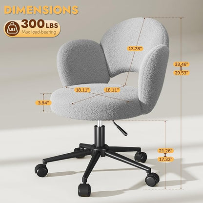 Homkdom Desk Chair with Wheels, 3.94" Thick Comfy Petal Vanity Chair, Swivel Armless Chair with Open Back and Adjustable Height, Ideal for Makeup Study Work and Relaxation, Grey
