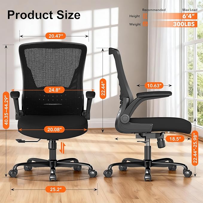 Ergonomic Office Chair – Comfy Mesh Desk Chair with Flip-Up Armrests & Smooth-Rolling Caster, Adjustable Height Home Computer Chair, Breathable & Supportive for Long Hours Sitting