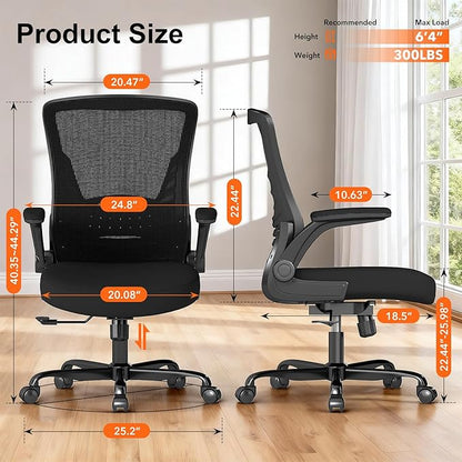 Ergonomic Office Chair – Comfy Mesh Desk Chair with Flip-Up Armrests & Smooth-Rolling Caster, Adjustable Height Home Computer Chair, Breathable & Supportive for Long Hours Sitting