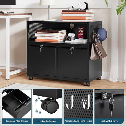 MIIIKO File Cabinet with Storage 2 Drawers, Rolling File Cabinet for Home Office, Metal Black 2 Drawers Storage with Shelf, for Printer, Letter A4 File Organizer