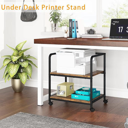 21"x15.8" Large Printer Stand with Storage, 2-Tier Under Desk Printer Table, Rolling Printer Cart with Lockable Wheels for Home, Office (Brown)