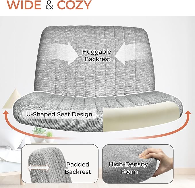 Orange Factory Criss Cross Chair No Wheel Wide Cross Legged Office Desk Vanity Chair Comfy Fabric Armless Adjustable Swivel for Home Computer Task (Grey No Wheel, Classic Fabric)