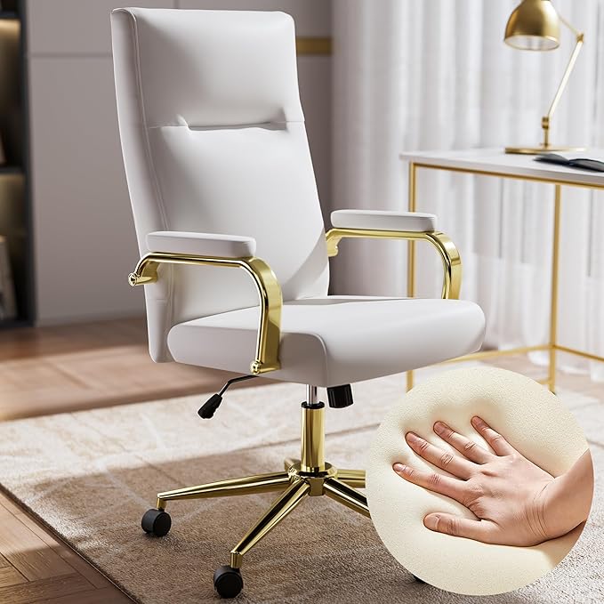 GXJ White and Gold Office Chair with Memory Foam Seat, Computer Desk Chair | 4.9'' Memory Foam Seat and 4.7'' Comfortable Backrest, High Back Leather Executive Chair with Wheels and Arms for Women