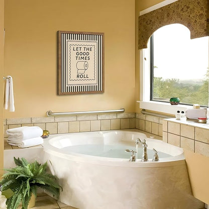 Framed Let The Good Times Roll Bathroom Print, Vintage Funny Toilet Quote Canvas Wall Art, Stripes Bathroom Picture Poster, Downstairs Toilet Painting Wall Decor 8x10 inch