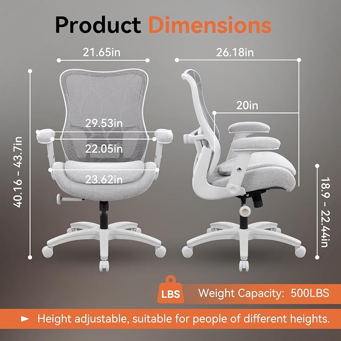 Big and Tall Office Chair 500lbs Heavy Duty Ergonomic Mesh Desk Chair with 23.6" Extra Wide Seat, 29.5" High Back, Adjustable Lumbar Support Flip-Up Arms for Large Body Types(Light Gray)