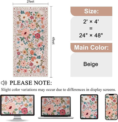 DUKINO 2x4 Rug for Entryway, Washable Kitchen Floral Runner Rug with Non Slip Backing, Low Pile Soft Boho Carpet for Kitchen, Hallway, Entryway, Laundry, Bedroom, Beige