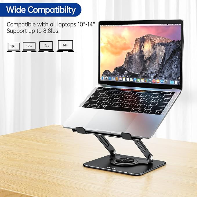 BESIGN Laptop Stand with 360° Rotating Base, Ergonomic Adjustable Notebook Riser, Foldable Computer Holder Compatible with 10-14" Laptops, LS11 Black