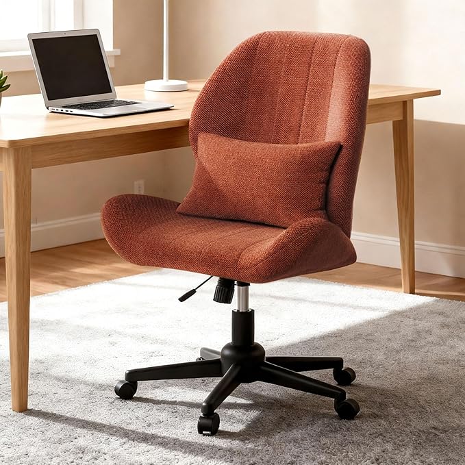 ZZW Criss Cross Chair with Wheels, Wide Cross Legged Office Chair Armless Comfy Desk Chair with Tall Back Vanity Chairs with Stress Relief Curved Design Seat for Bedroom & Office & Home Red Orange