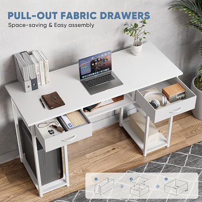 48" Small Gaming Desk with Drawers, Home Office Computer Writing Study Table with Storage Side Bag, Headphone Hook, and Adjustable Feet for Bedroom, Ivory