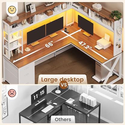 SEDETA L Shaped Gaming Desk with Storage Drawers and Hutch, Convertible 94.5" Computer Desk with Drawers, Corner Computer Desk with Power Outlet, LED Lights, Pegboard for Home Office, White and Brown