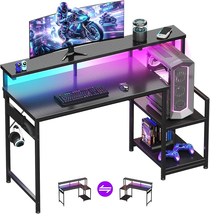 AODK 48 Inch Gaming Desk with LED Lights, Computer Desk with Storage Shelves, Reversible Desk with Monitor Stand, Carbon Fiber Black
