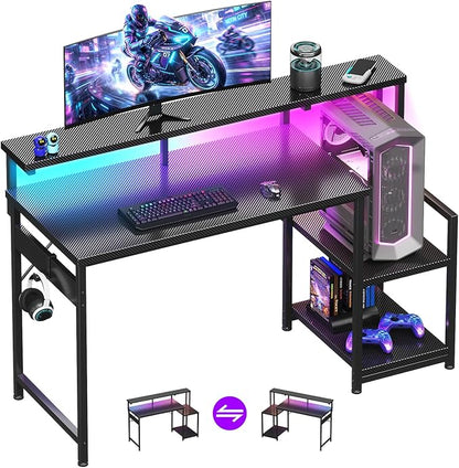 AODK 48 Inch Gaming Desk with LED Lights, Computer Desk with Storage Shelves, Reversible Desk with Monitor Stand, Carbon Fiber Black
