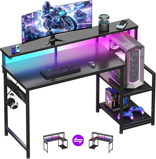 AODK 48 Inch Gaming Desk with LED Lights, Computer Desk with Storage Shelves, Reversible Desk with Monitor Stand, Carbon Fiber Black