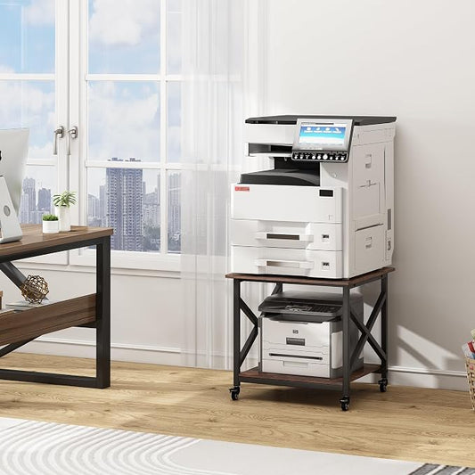 Fannova Large Printer Stand, 23.6 x 23.6 x 22.6 Inches Square Printer Table with Storage Shelf, 2 Tier Rolling Printer Cart with Industrial Wheels for Home Office - Rustic Brown