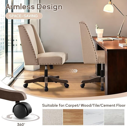 Zihanhome Armless Home Office Chair with Wooden Legs, Modern Leather Upholstered Office Desk Chair No Arms Sewing Chair Adjustable Swivel Desk Chair for Farmhouse Office Study Studio (PU Khaki)